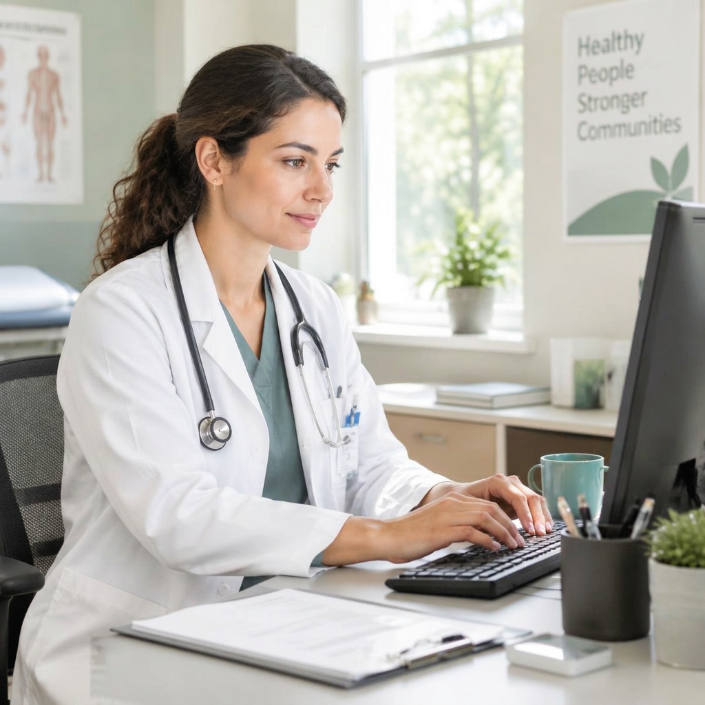 Clinician entering a prescription at a computer in an outpatient clinic