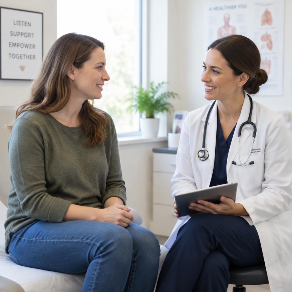 Woman talking with her clinician in a bright exam room