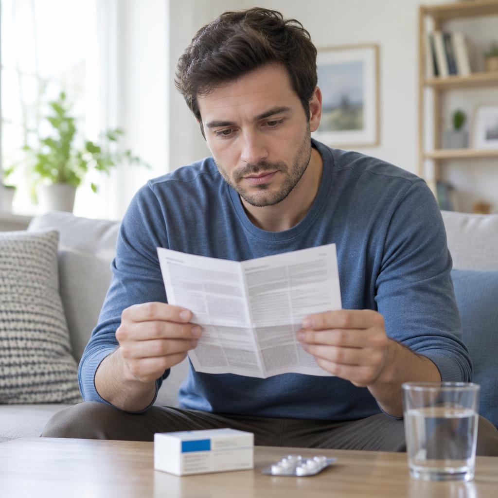 Man reading his medication information leaflet at home