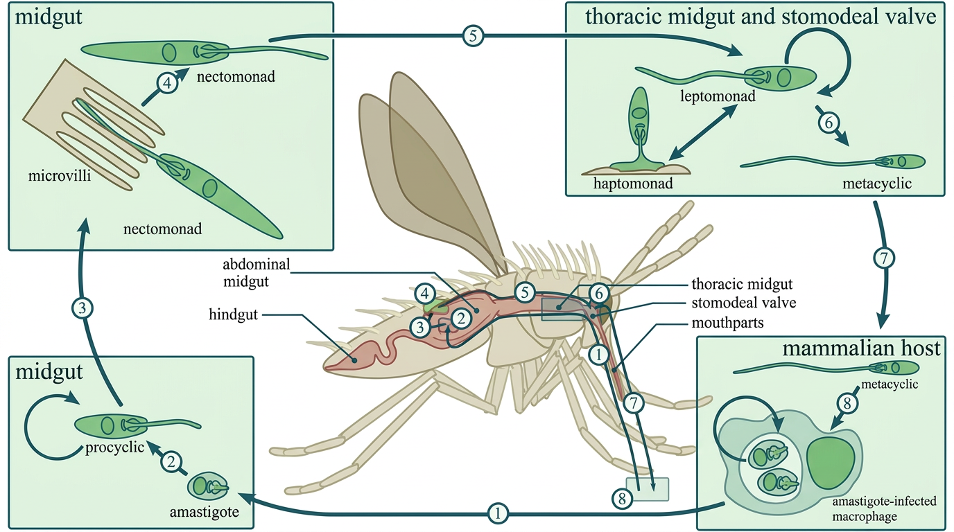 Diagram of the Leishmania parasite lifecycle inside the sand fly, from amastigote in the midgut to metacyclic promastigote at the mouthparts